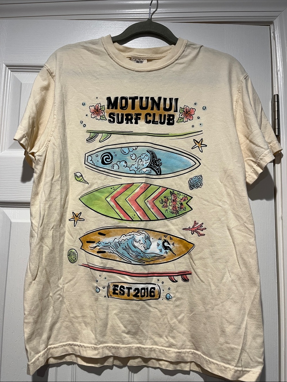 Comfort Colors Cream Graphic Tee with Multicolor Surfboard Art Inspired by Moana